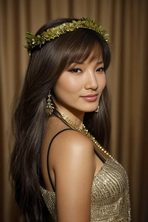 k311yhu, long hair, smile, looking at viewer, dress, jewelry, high heels, standing, lips, pantyhose, necklace, head wreath,<lora:Kelly_Hu_PMv1_Lora:1.3>,, ((Glamour Portrait)), detailed skin texture, (blush:0.5), (goosebumps:0.5), subsurface scattering, ((photographed by Vogue))