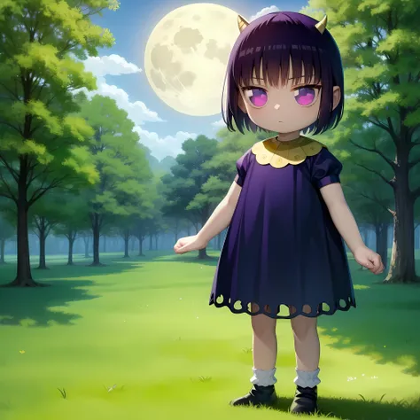 ((masterpiece, best quality)), solo,full moon,1girl, child, short hair, dress, purple eyes, purple hair, horns, laila, socks, <lora:Laila_ZatchBell_1:0.6>, standing, forest,