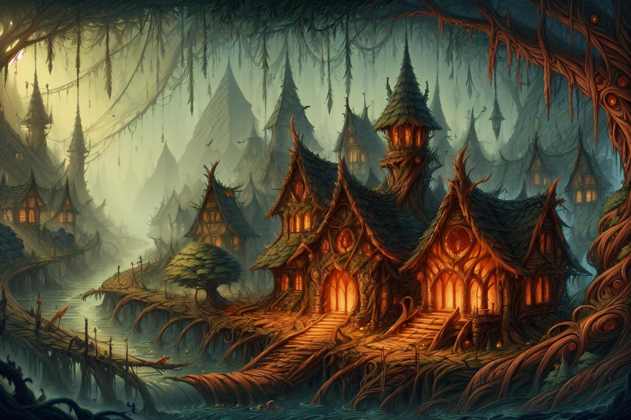 masterpiece, best quality, expressive eyes, absuredres, <lora:ElvenForestWorld:1> elvenforestworld, branch, leaf, vines, city with towers and buildings, in forest, DarkFantasy <lora:add_detail:0.4>