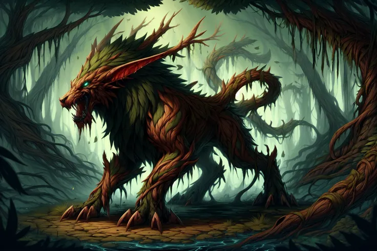 masterpiece, best quality, absuredres, <lora:ElvenForestWorld:1> elvenforestworld, full body, quadruped, lion, tail, pointed ears, branch, vines, leaf, green mane, glowing blue eyes, roaring, fangs, <lora:add_detail:0.4>, DarkFantasy