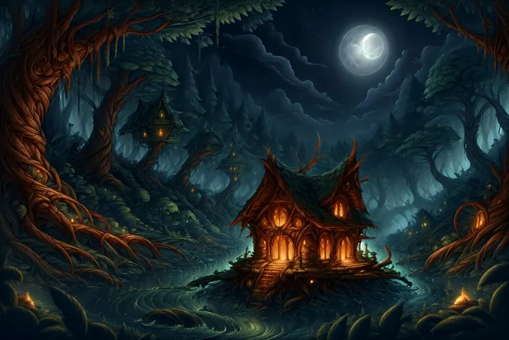 masterpiece, best quality, expressive eyes, absuredres, <lora:ElvenForestWorld:1> elvenforestworld, branch, leaf, vines, dense forest with rivers, night, moonlight, DarkFantasy <lora:add_detail:0.4>