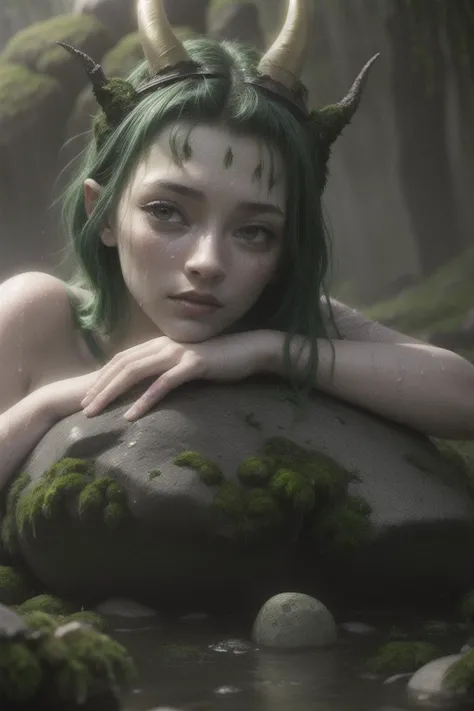 (realistic:1.3), anime key visual, finely detailed, quality, (masterpiece:1.2), (photorealistic:1.2), (best quality), (detailed skin:1.3), (intricate details), fantasy, 1girl, close up portrait, gorgeous, tender, slim, feminine, goddess of earth:1.9), (moss skin:1.7), (roots:1.1) (wet skin:1.3), (green hair:1.3), (giant stone rock horns:1.5), (skin covered in dirth:1.3), big green eyes, earth, ground, rocks, moss, (rain, storm, heavy rain:1.3) <lora:ClothingAdjuster2:0.1> <lora:add_detail:1>