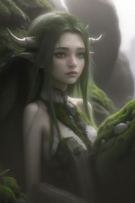 ((beautiful female face:1.8))(realistic:1.3), anime key visual, finely detailed, quality, (masterpiece:1.2), (photorealistic:1.2), (best quality), (detailed skin:1.3), (intricate details), fantasy, 1girl, tall, seductive, gorgeous, tender, slim, feminine, long legs, goddess of earth, (moss skin:1.7), (roots:1.1) (wet skin:1.3), (green hair:1.3), (giant stone rock horns:1.5), (skin covered in dirth:1.3), big green eyes, earth, ground, rocks, moss <lora:ClothingAdjuster2:-0.3>