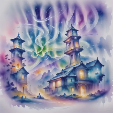 (zavy-mthcl:1.3),alien landscape,Spectacular auroras dancing across the heavens,Quaint villages nestled in verdant valleys,alien flora,Chiaroscuro,surrealist,horror,trending on artstation,digital painting,painterly,concept art,smooth,illustration,clean ink detailed line drawings,cell shaded,4k,tone mapping,doll,akihiko yoshida,james jean,andrei riabovitchev,marc sim,,<lora:5WaterColorful-000003:1>