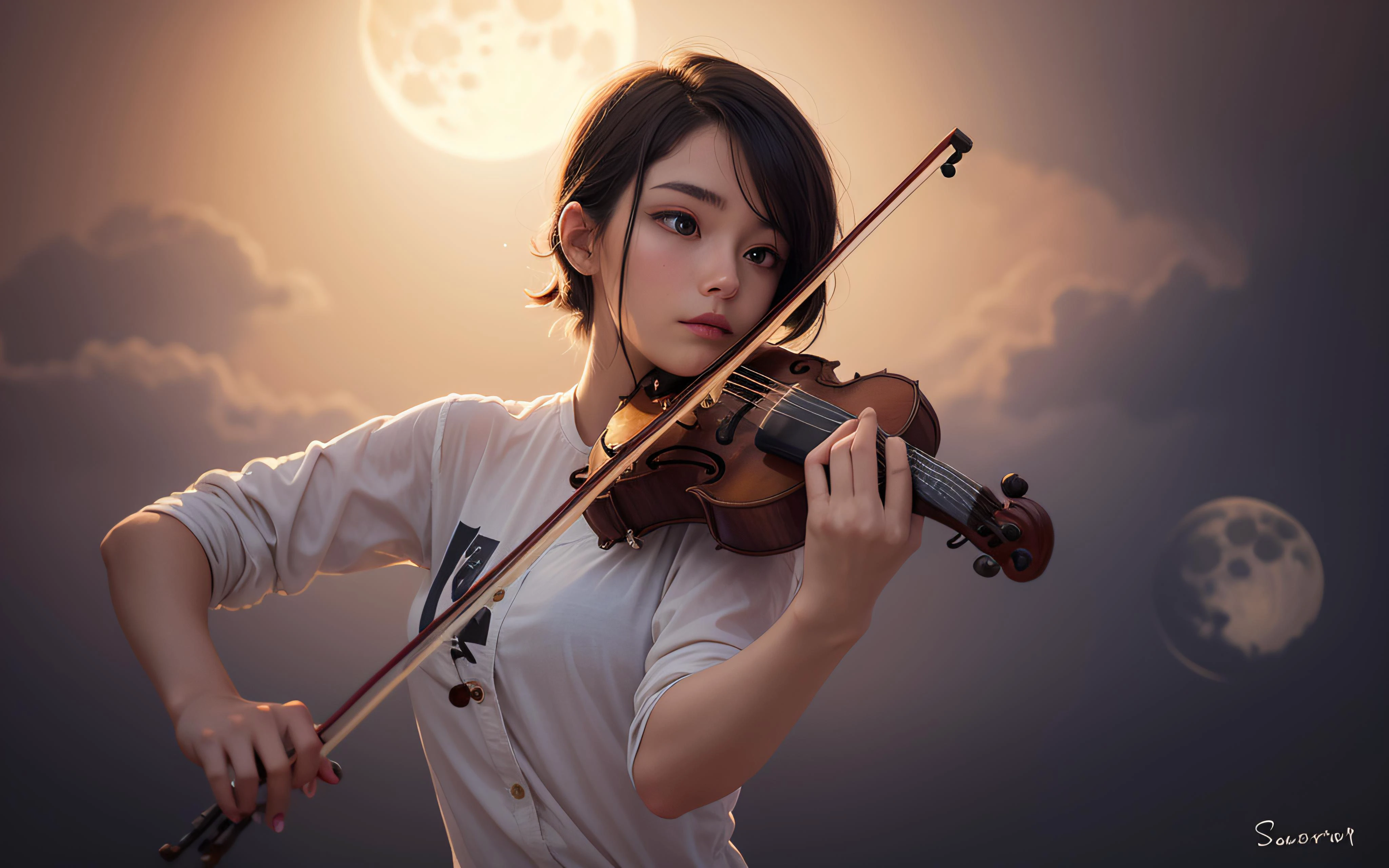acoustic_guitar, backlighting, blonde_hair, bow_\(instrument\), dated, electric_guitar, full_moon, green_eyes, guitar, holding, holding_instrument, instrument, lens_flare, moon, music, playing_instrument, plectrum, shirt, solo, sun, upper_body, violin, white_shirt, black hair, looking at viewer,