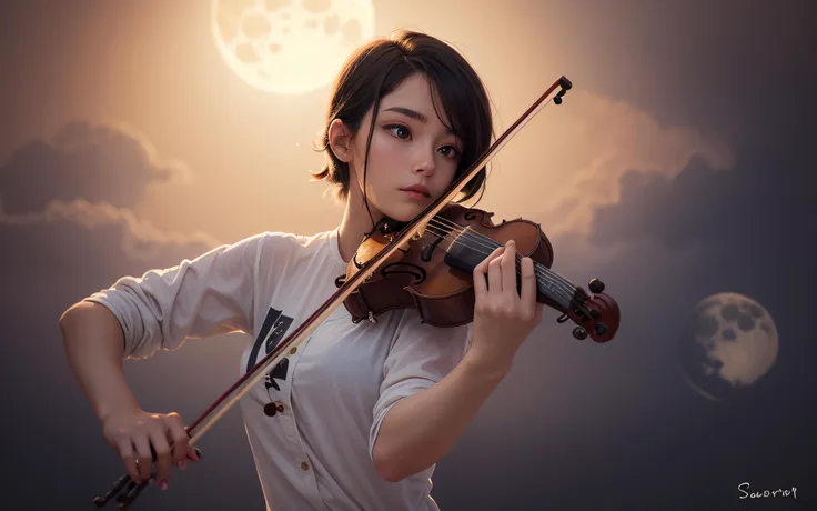 acoustic_guitar, backlighting, blonde_hair, bow_\(instrument\), dated, electric_guitar, full_moon, green_eyes, guitar, holding, holding_instrument, instrument, lens_flare, moon, music, playing_instrument, plectrum, shirt, solo, sun, upper_body, violin, white_shirt, black hair, looking at viewer,