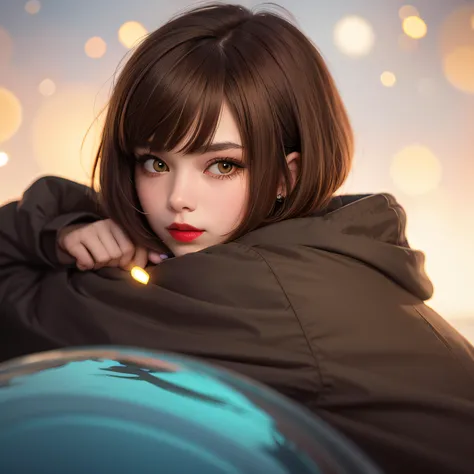 1girl, bangs, bokeh, brown_hair, closed_mouth, coat, hood, hood_down, hooded_coat, hooded_jacket, hoodie, lens_flare, lips, looking_at_viewer, nose, realistic, red_lips, bob cut, solo, water, yellow eyes,