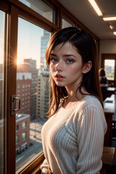 1girl, (realistic:1.1), (photorealistic:1.2), best quality, masterpiece, detailed background, detailed face, realistic lighting, photograph, landscape of a Distorted Drab Post office from inside of a Archticture, at Dawn, Angry, film grain, film, F/1.8, made of Bone, delicate, unreal engine, artstation