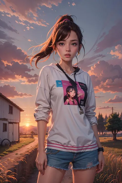 1girl, (Sketch:1.2), anime key visual, landscape of a Rude Rural area, at Sunrise, Happy, Vaporwave Art, Rembrandt lighting, extremely detailed CG Unity 8k wallpaper