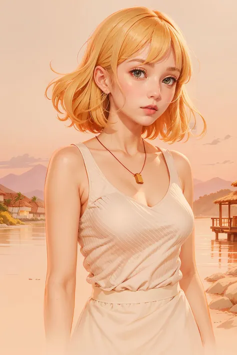1girl, (Sketch:1.2), anime key visual, landscape of a Delicate Insecure Resort and alhambresque The River Lethe, at Twilight, Screen print, Proud, Rembrandt lighting, Technicolor, opulent, contest winner, absurdres