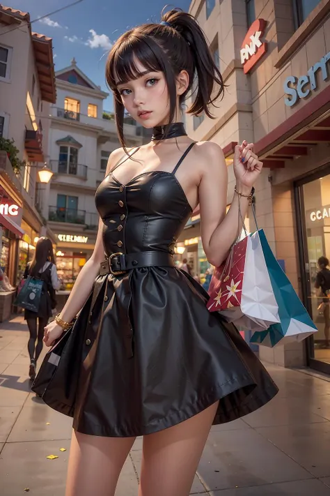 1girl, anime key visual, landscape of a Flirty Shopping mall and The Seychelles Islands, Summer, Hopeful, Health Goth Art, 80mm