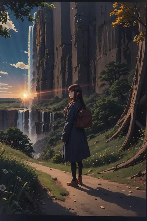 1girl, anime key visual, landscape of a Cruel Strange The Victoria Falls, Spring, Detailed illustration, Sad, Dada Art, Lens Flare, Ambrotype, surreal design, Kintsugi