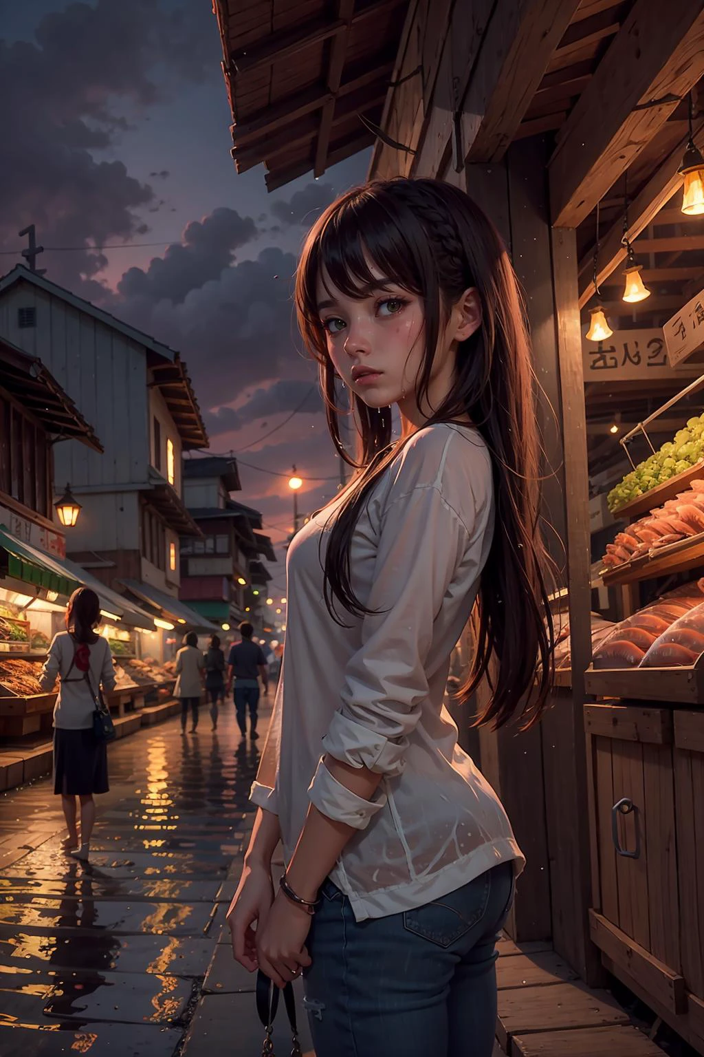 1girl, Post-Impressionism, anime key visual, landscape of a Wet Stupid Fish market and biophilic Tanzanian Bridge, at Twilight, Sketch, hair light, hearthstone artwork, cinematic, unreal engine