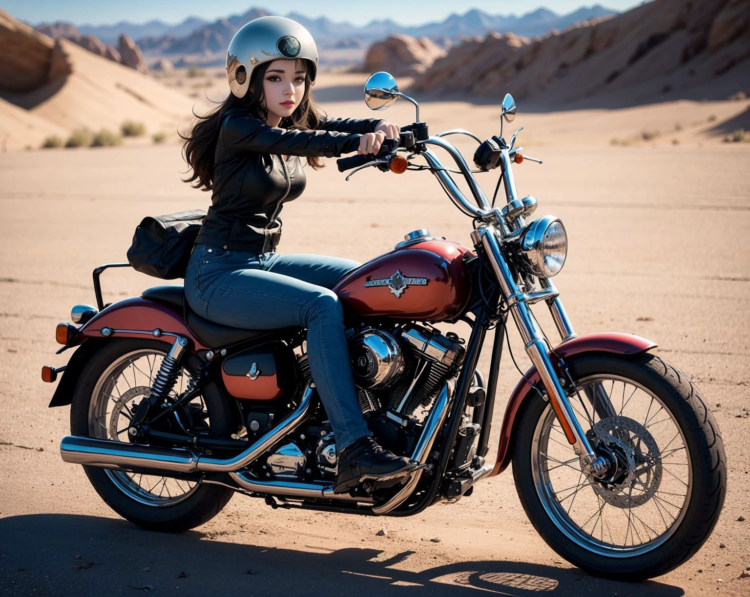 masterpiece, best quality, finely detailed, dramatic, ray tracing, realistic, full body, (Sketch:1.2), anime key visual, bokeh
cute girl riding an old vintage Harley Davidson motorbike, desert landscape