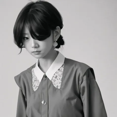 <lora:japanese80s:1> japanese80s, photo \(medium\),1girl, a9712mob, ascot, bangs, corsage, earrings, greyscale, hair over one eye, high collar, highres, jewelry, looking down, monochrome, no headwear, one eye covered, parted lips, pointy ears, simple background, sketch, solo, upper body, white background