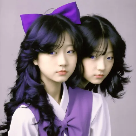 <lora:japanese80s:1> japanese80s, photo \(medium\),3girls, black hair, blue eyes, blue hair, bow, closed eyes, hair bow, long hair, multiple girls, purple eyes, purple hair, third eye, violet eyes