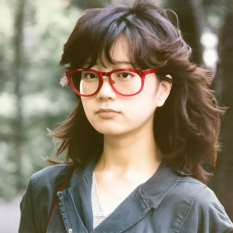 <lora:japanese80s:1> japanese80s, photo \(medium\),brown hair, casual, face, glasses, red-framed glasses, running, semi-rimless glasses, tears, under-rim glasses