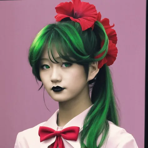 <lora:japanese80s:1> japanese80s, photo \(medium\),1girl, bangs, black lipstick, bow, female, flower, front ponytail, green eyes, green hair, hair bow, hair ribbon, hibiscus, lipstick, long hair, makeup, multicolored eyes, parted lips, red bow, red eyes, red flower, ribbon, solo, upper body