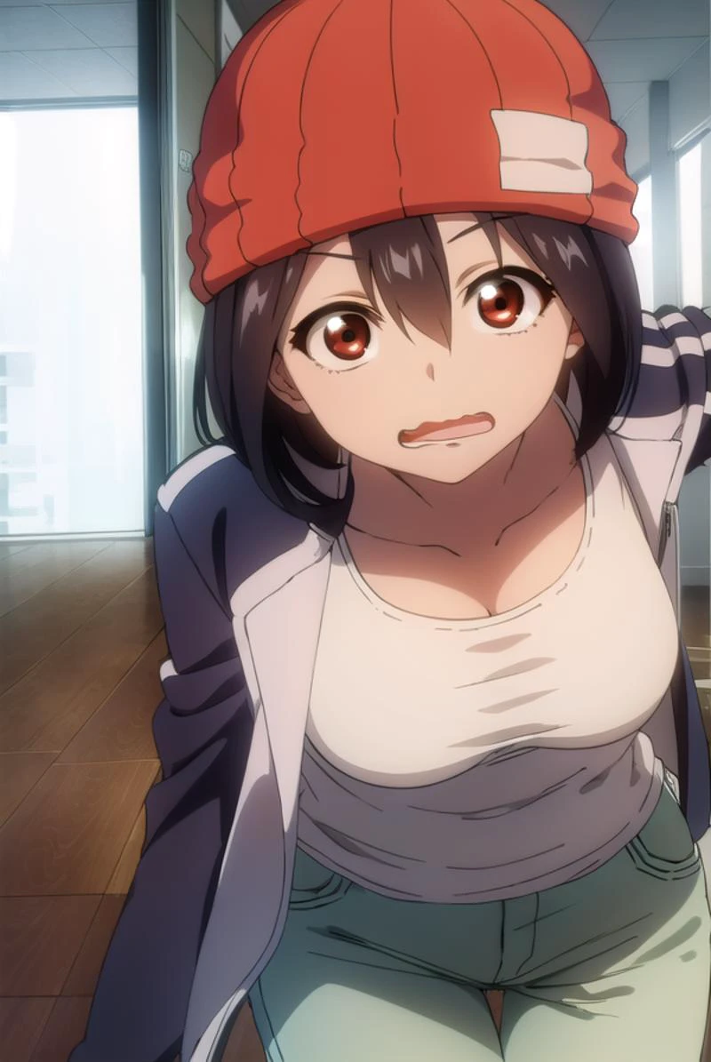 fuukoizumo, <lyco:fuukoizumo-lyco-nochekaiser:1>,
fuuko izumo, black hair, hair between eyes, (brown eyes:1.5), short hair, <lora:wavymouth_type5_v100:1>, open mouth,
BREAK shirt, white shirt, jacket, open jacket, pants, denim, beanie, (red beanie:1.2),
BREAK looking at viewer,
BREAK indoors, classroom, (cowboy shot:1.5),
BREAK <lyco:GoodHands-beta2:1>, (masterpiece:1.2), best quality, high resolution, unity 8k wallpaper, (illustration:0.8), (beautiful detailed eyes:1.6), extremely detailed face, perfect lighting, extremely detailed CG, (perfect hands, perfect anatomy),