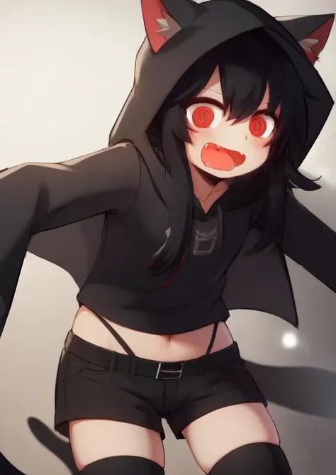 (masterpiece, best quality:1.2), extremely detailed, soft ambient lighting, sharp focus, 4K, BREAK, 1girl, very long black hair, red eyes, @_@, black cat ears, cat tail, blush, happy, open mouth, wavy mouth, fang, small breasts, black tunic, hood up, black thigh highs, black short shorts, <lora:ArsEmbarrassed-t5:0.8>, <lora:(Concept) Age Slider:3>, <lora:(Concept) Expression Wavy Mouth:1>