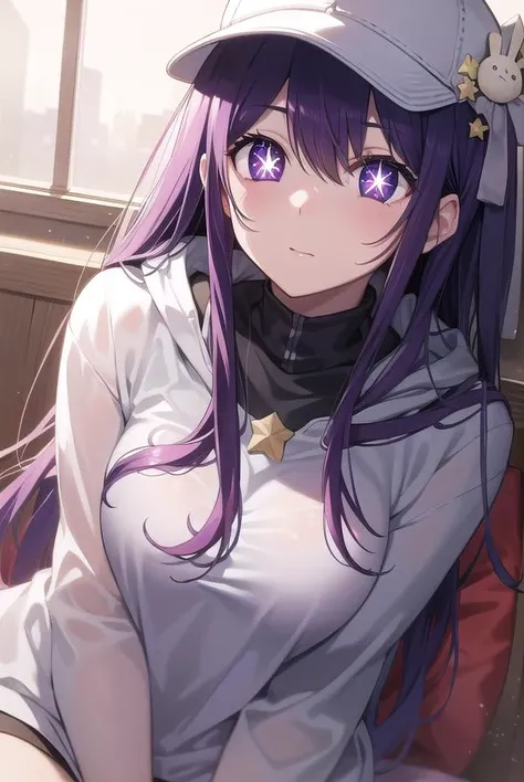 aihoshino, <lyco:aihoshino-lyco-nochekaiser:1>,
ai hoshino, hair between eyes, hair ornament, hair ribbon, long hair, one side up, (purple eyes:1.1), purple hair, rabbit hair ornament, (star-shaped pupils:1.5), symbol-shaped pupils,
BREAK baseball cap, hat, hood, hoodie, long sleeves, puffy sleeves, white hoodie,
BREAK looking at viewer,
BREAK indoors,
BREAK <lyco:GoodHands-beta2:1>, (masterpiece:1.2), best quality, high resolution, unity 8k wallpaper, (illustration:0.8), (beautiful detailed eyes:1.6), extremely detailed face, perfect lighting, extremely detailed CG, (perfect hands, perfect anatomy),