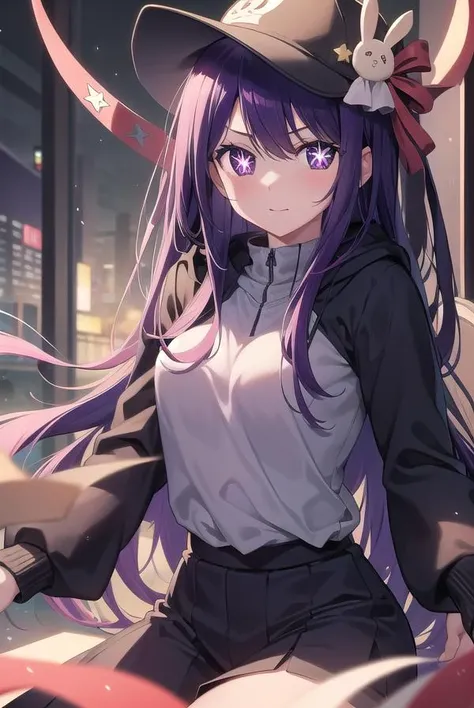 aihoshino, <lyco:aihoshino-lyco-nochekaiser:1>,
ai hoshino, hair between eyes, hair ornament, hair ribbon, long hair, one side up, (purple eyes:1.1), purple hair, rabbit hair ornament, (star-shaped pupils:1.5), symbol-shaped pupils,
BREAK baseball cap, hat, hood, hoodie, long sleeves, puffy sleeves, white hoodie,
BREAK looking at viewer,
BREAK indoors,
BREAK <lyco:GoodHands-beta2:1>, (masterpiece:1.2), best quality, high resolution, unity 8k wallpaper, (illustration:0.8), (beautiful detailed eyes:1.6), extremely detailed face, perfect lighting, extremely detailed CG, (perfect hands, perfect anatomy),