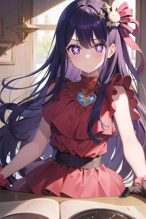 aihoshino, <lyco:aihoshino-lyco-nochekaiser:1>,
ai hoshino, hair between eyes, hair ornament, hair ribbon, long hair, one side up, (purple eyes:1.1), purple hair, rabbit hair ornament, (star-shaped pupils:1.5), symbol-shaped pupils,
BREAK belt, black belt, brooch, dress, pink dress, frilled dress, frilled gloves, frills, gloves, heart brooch, idol, idol clothes, jewelry, pink gloves, red ribbon, ribbon, turtleneck dress,
BREAK looking at viewer,
BREAK indoors,
BREAK <lyco:GoodHands-beta2:1>, (masterpiece:1.2), best quality, high resolution, unity 8k wallpaper, (illustration:0.8), (beautiful detailed eyes:1.6), extremely detailed face, perfect lighting, extremely detailed CG, (perfect hands, perfect anatomy),
