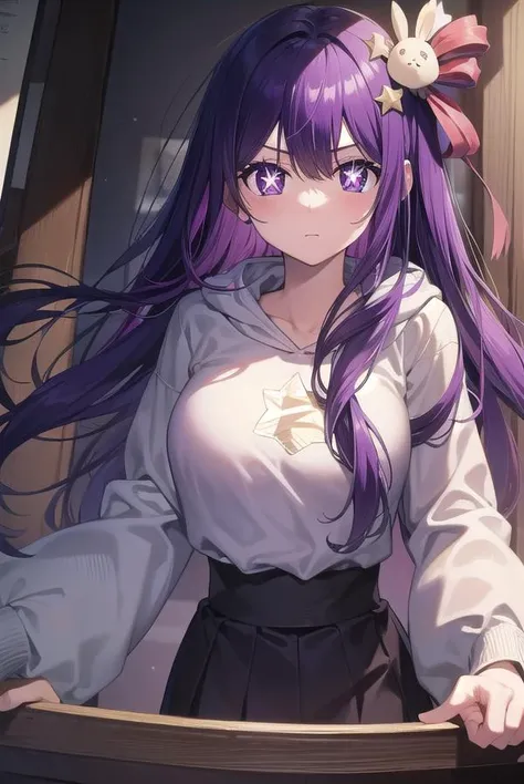 aihoshino, <lyco:aihoshino-lyco-nochekaiser:1>,
ai hoshino, hair between eyes, hair ornament, hair ribbon, long hair, one side up, (purple eyes:1.1), purple hair, rabbit hair ornament, (star-shaped pupils:1.5), symbol-shaped pupils,
BREAK baseball cap, hat, hood, hoodie, long sleeves, puffy sleeves, white hoodie,
BREAK looking at viewer,
BREAK indoors,
BREAK <lyco:GoodHands-beta2:1>, (masterpiece:1.2), best quality, high resolution, unity 8k wallpaper, (illustration:0.8), (beautiful detailed eyes:1.6), extremely detailed face, perfect lighting, extremely detailed CG, (perfect hands, perfect anatomy),