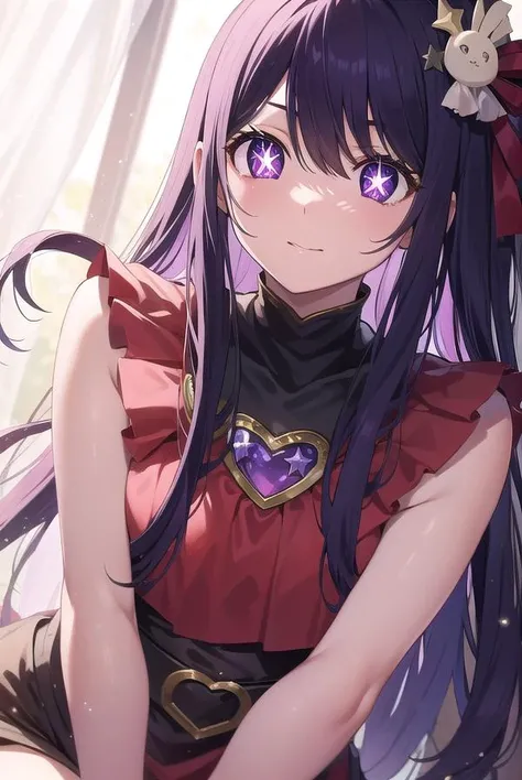 aihoshino, <lyco:aihoshino-lyco-nochekaiser:1>,
ai hoshino, hair between eyes, hair ornament, hair ribbon, long hair, one side up, (purple eyes:1.1), purple hair, rabbit hair ornament, (star-shaped pupils:1.5), symbol-shaped pupils,
BREAK belt, black belt, brooch, dress, pink dress, frilled dress, frilled gloves, frills, gloves, heart brooch, idol, idol clothes, jewelry, pink gloves, red ribbon, ribbon, turtleneck dress,
BREAK looking at viewer,
BREAK indoors,
BREAK <lyco:GoodHands-beta2:1>, (masterpiece:1.2), best quality, high resolution, unity 8k wallpaper, (illustration:0.8), (beautiful detailed eyes:1.6), extremely detailed face, perfect lighting, extremely detailed CG, (perfect hands, perfect anatomy),
