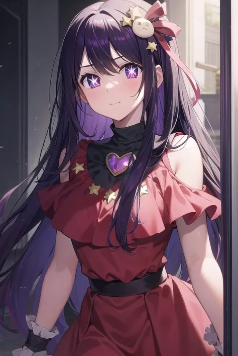 aihoshino, <lyco:aihoshino-lyco-nochekaiser:1>,
ai hoshino, hair between eyes, hair ornament, hair ribbon, long hair, one side up, (purple eyes:1.1), purple hair, rabbit hair ornament, (star-shaped pupils:1.5), symbol-shaped pupils,
BREAK belt, black belt, brooch, dress, pink dress, frilled dress, frilled gloves, frills, gloves, heart brooch, idol, idol clothes, jewelry, pink gloves, red ribbon, ribbon, turtleneck dress,
BREAK looking at viewer,
BREAK indoors,
BREAK <lyco:GoodHands-beta2:1>, (masterpiece:1.2), best quality, high resolution, unity 8k wallpaper, (illustration:0.8), (beautiful detailed eyes:1.6), extremely detailed face, perfect lighting, extremely detailed CG, (perfect hands, perfect anatomy),