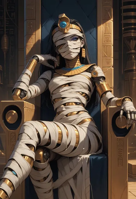 score_9, score_8_up, score_7_up, 1girl,  (((cybernetic mummy))), pharaoh, connected to throne with cables, in a futuristic Egyptian tomb,