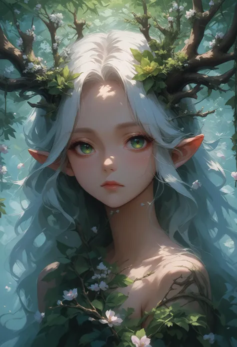 score_9, score_8_up, score_7_up, source_anime, 
1girl, solo, long hair, closed mouth, green eyes, upper body, white hair, flower, nude, horns, pointy ears, fingernails, petals, cherry blossoms, branch, antlers, dryad,