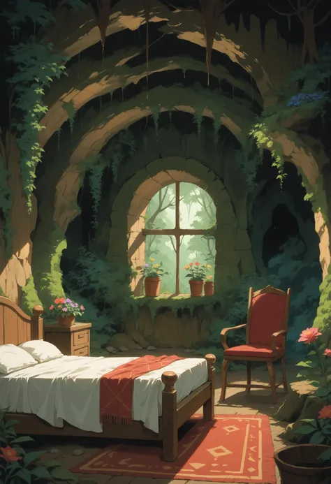 score_9, score_8_up, score_7_up, source_anime, 
cave, forest, a cave surrounded by trees, bed, chair, room, window, flower, no humans,