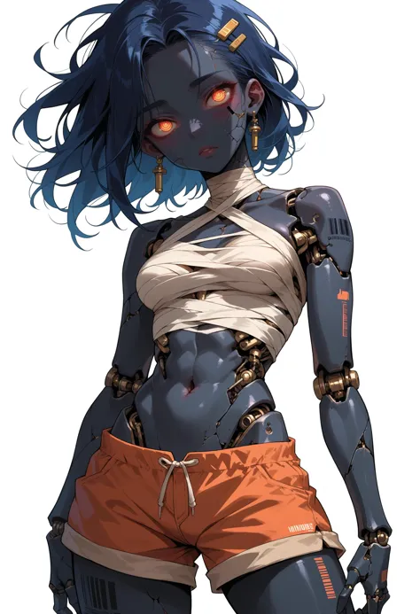 score_9, score_8_up, score_7_up, source_anime, 
1girl, solo, doll joints, medium breasts, mechanical_eyes, joints, heat vents on body, barcode tattoo, mechanical_breasts, white background, cracked skin, body wraps, wraps, shorts, halter top, black skin,