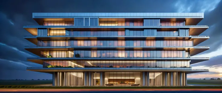 masterpiece, best quality, A modernistic Brutalist building that features balcony and is made of aluminum. It's located in a urban environment, reflecting the classical antiquity with information age advancements. This monumental structure is imposing and sits harmoniously with the countryside. The scene is set during midnight with cool and breezy conditions. <lora:add-detail-xl:2>