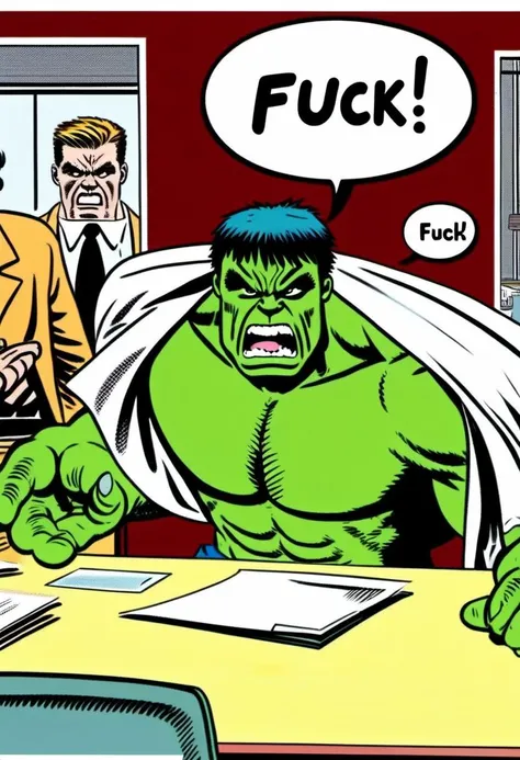 The incredible hulk pounding on office table, scaring co-workers. Comic strip speech bubble spells the word "FUCK"
Steps: 30, Sampler: DPM++ 3M SDE Karras, CFG scale: 7.0, Seed: 2695464842, Size: 832x1216, Model: paradoxSDXL10_paradoxSDXL10