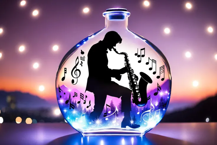 double exposure: a photo of ((a man playing a saxophone trapped inside of a transparent potion shaped like bottle, music notes fly in the bottle)), like a ghost, using the colors purple, black, orange and white, mountain backdrop, cinematic, fujifilm, RTX, bokeh