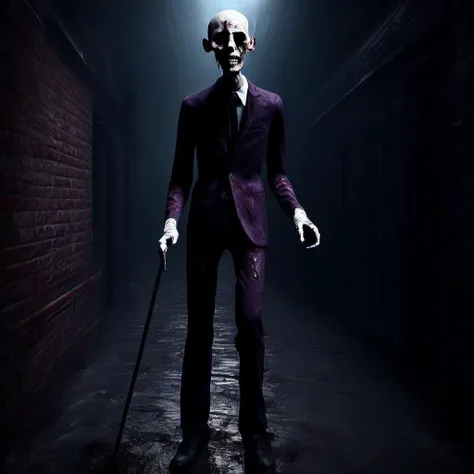realistic, creepy, Tall Man, Slender, Skinny, pale face, White gloves, Standing with a walking cane, Smiling, Shadow covering eyes, Dark Purple suit, Dark Purple Fedora, arched back, Dark alleyway Background, cracked Concrete Floor, Brick Walls, Dark Sky with hints of blue, Midnight Moon, Rtx, dead bodies behind, Blood on walls, Bloody Hand prints,