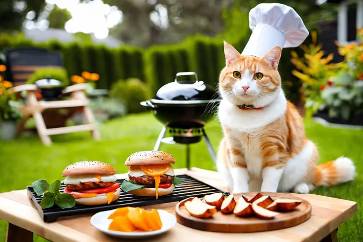 A photo of a orange and white cat wearing a chefs hat hosting a bbq in the backyard, cinematic, fujifilm, RTX, bokeh