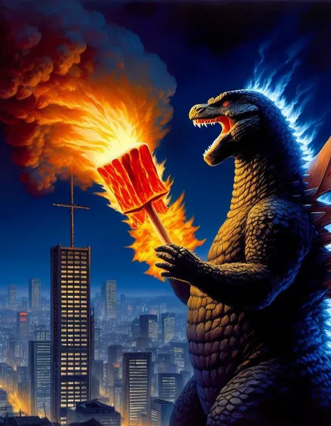 Painting, Godzilla holds a large flaming marshmallow on a stick, Tokyo citiscapes, night scene, dark fantasy, art by Gerald Brom, HDR, 8k
Negative prompt: Photo. Worst quality, low quality, ugly, blurry, unaesthetic
Steps: 30, Sampler: DPM++ 2M SDE Karras, CFG scale: 7.0, Seed: 763085417, Size: 896x1152, Model: paradoxSDXL10_paradoxSDXL10