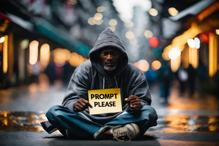 a beggar sitting in the street wearing a hoodie, holding up a piece of paper with the text: "PROMPT PLEASE", bokeh street backdrop, cinematic, fujifilm, RTX, bokeh
