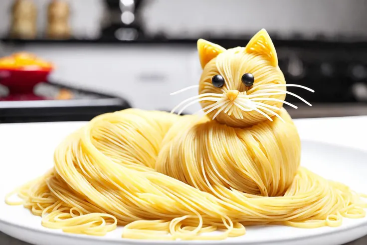 a cat made out of spaghetti, cinematic, fujifilm, RTX, bokeh