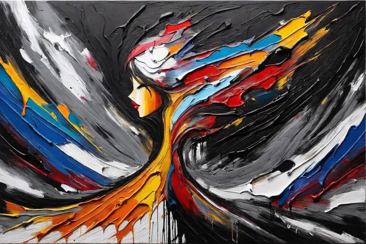 a hyper abstract painting of ((a lady made out of thick paint)), with her back to the camera, weaing a black pointy wizzard hat, at the gates of hell, using very heavy brush strokes, cracking paint, very heavy pallet knife work, thick paint, dried up paint, abstract