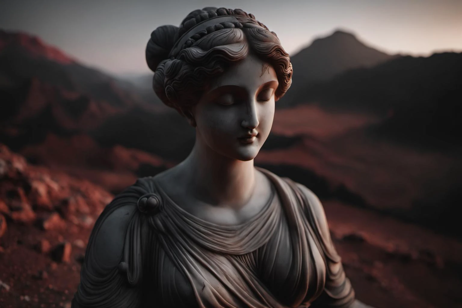 Mid-shot photo of Venus Pudica, a statue made from dark marble, capturing her torso and face against the Martian backdrop. The dusky light highlights the intricate details of her form, with the red Martian terrain in the background., cinematic, fujifilm, RTX, bokeh