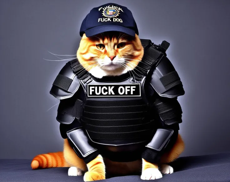 FBI cat wearing full body armor and a cap with the text "FUCK OFF, DOG"
Negative prompt: hands, arms, illustration, fake, cgi, drawing, miniature, blocky, angular, glasses, (large eyes:1.3), freckles, face paint, mask, glasses, tattoos
Steps: 30, Sampler: DPM++ SDE Karras, CFG scale: 7.5, Seed: 2741252373, Size: 1536x1216, Model: paradoxSDXL10_paradoxSDXL10