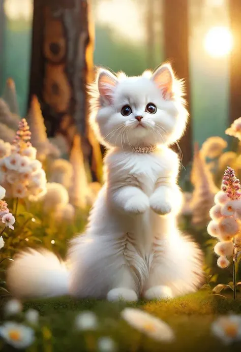 masterpiece,best quality,
Cute fluffy angora kitten, sitting on grass, flowers, warm lighting, white dress, blurry foreground, (forest:1.5)