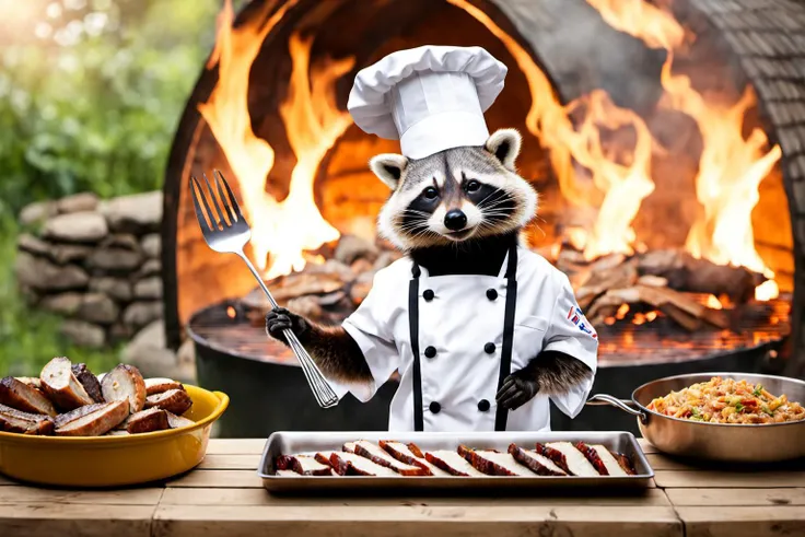 a highly detailed picture of a raccoon wearing a chefs hat, hosting a BBQ, bokeh gaurden backdrop, cinematic, fujifilm, colorful