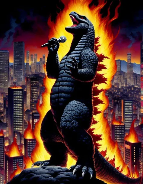 Painting, Godzilla singing Karaoke, Mic on flames, Tokyo citiscapes, night scene, dark fantasy, art by Gerald Brom, HDR, 8k, high contrast, bold negative spaces, cinematic, complex and multidimensional lighting, epic
Negative prompt: Photo. Worst quality, low quality, ugly, blurry, unaesthetic
Steps: 30, Sampler: DPM++ 2M SDE Karras, CFG scale: 7.0, Seed: 3668178217, Size: 896x1152, Model: paradoxSDXL10_paradoxSDXL10