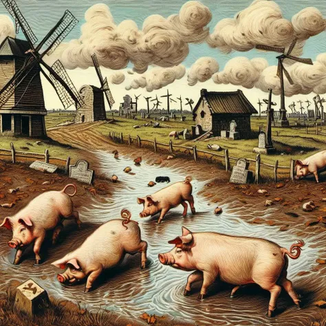 Illustration on cheap paper of dirty pigs enjoying to play on the mud like if it was the best thing in the world, windmills and cemetery crosses on the backdrop, by van gogh and norman rockwell