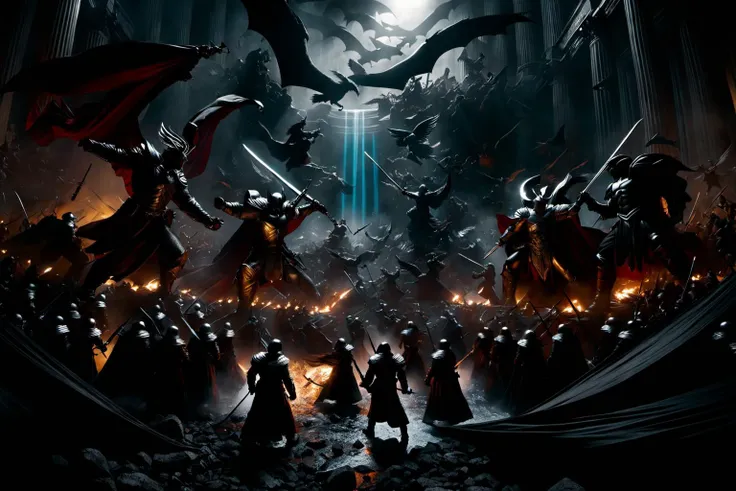 An intense and dark scene featuring a battle between the forces of light and darkness, with demons and angels locked in combat. The artwork will have a gritty and edgy feel, with bold lines and deep contrasts, inspired by the comic book styles of Frank Miller and Jim Lee. The overall tone will be ominous and foreboding, conveying the weight of the conflict between good and evil, bokeh exploding evil and good many collors effect, glossy, rtx, reflections, soft light, soft shadows, dramatic lighting, atmospheric, global illumination, unreal, octane, (two tone lighting:1.5), (cyan light:1.4), alphonse mucha